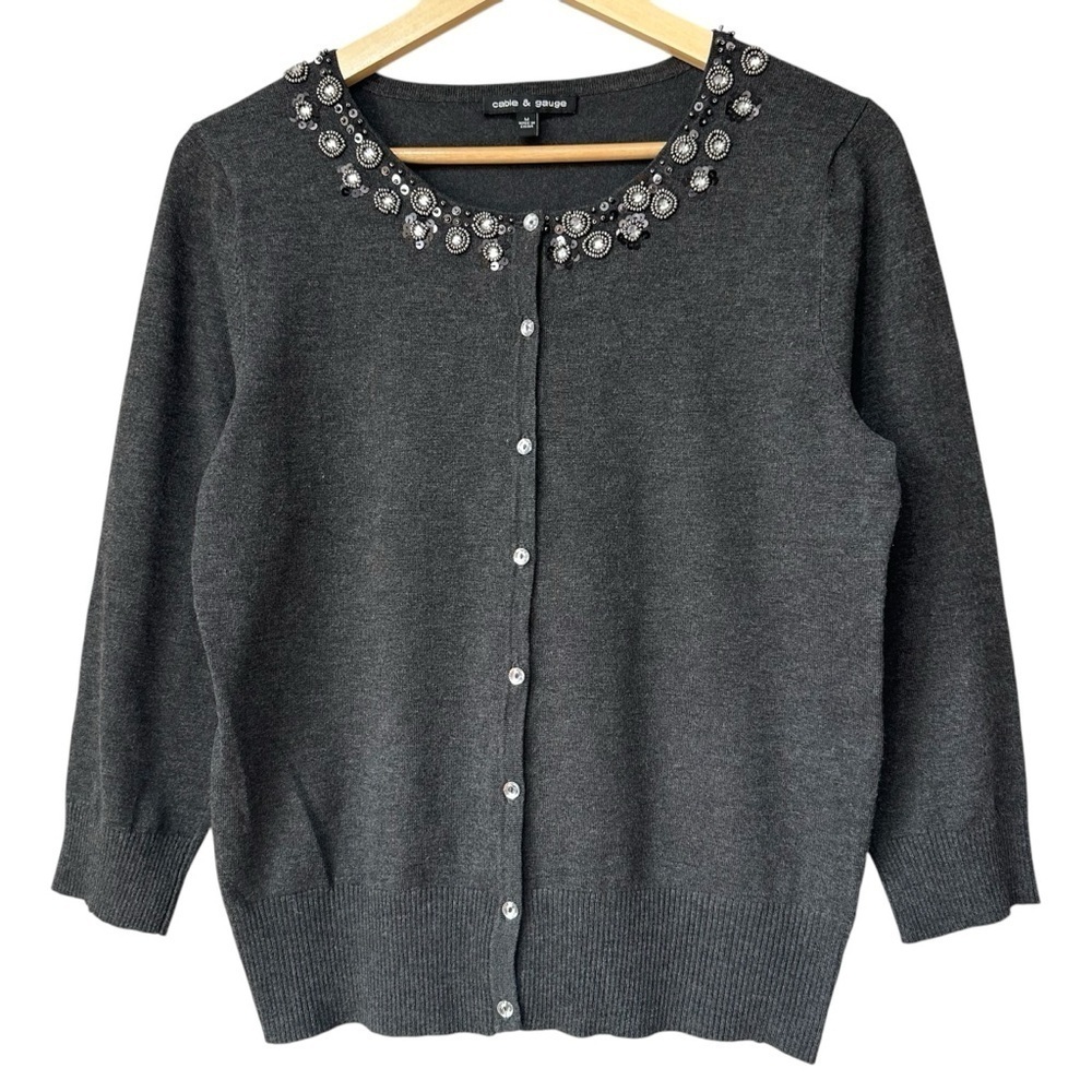 Cable & Gauge Embellished Neckline Cardigan, Size Medium